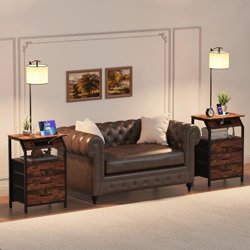 End Table with Floor Lamp Set of 2, Nightstand with Charging Station, Floor Lamp Table with 3-Color Temperature Bulb, Bedside Table Night Stand with 3 Drawers for Bedroom, Living Room, Retro