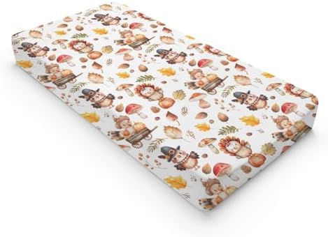 Cartoon Thanksgiving Turkey Pumpkin Mushroom Pattern Baby Changing Pad Cover, Unisex Fall Winter Nursery Diaper Changing Table Pad Mat Sheet for Boys Girls-16x32
