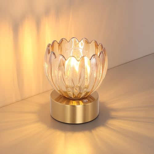 Shenmoyl Cordless Small Table Lamp with 5200mAh Battery & Touch Control, Battery Operated Tulip Table Lamp with 3 Colors, Rechargeable Mini Table Lamps for Bedsides, Bedroom, Nightstand (Amber)