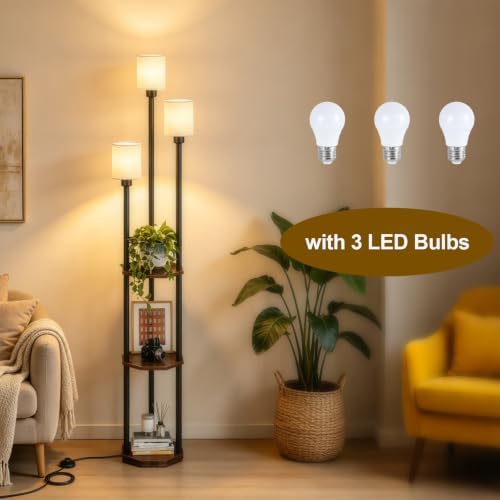Floor Lamp with Shelves, 3-Light Standing Lamp with 3 Color Temperatures LED Bulbs, 3-Tier Shelf Vintage Floor Lamp with Table, Foot Switch Tall Lamp for Living Room, Bedroom, Study, Office