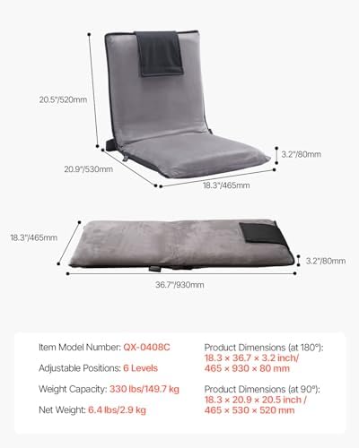 VEVOR Floor Chair, 6-Position Adjustable Meditation Chair with Back Support, Folding Sofa Chair for Reading TV Watching and Gaming, Portable Floor Seat Lounge Sofa Chair for Kids Teens Adults, Gray