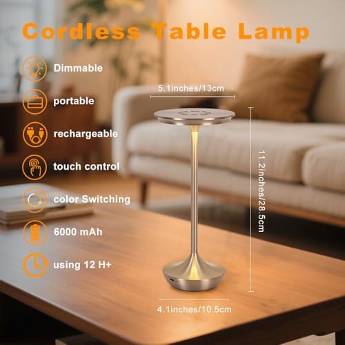 Cordless Table Lamp Set of 2,Portable Rechargeable 6000mAh Outdoor LED Table Lamps,3 Color Stepless Dimming Touch Battery Powered Lamp, Table Light for Restaurant/Patio/Camping/Bedroom(Silver)