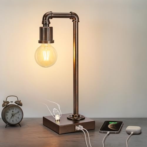 Industrial Table Lamp with Water Pipe Design, Fully Dimmable Bedside Lamp