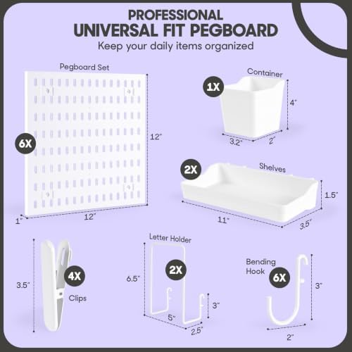 6-Piece Wall Mounted Pegboard Organizer, Holds Up to 35 lbs, Heavy Duty Pegboard Wall Panels with Adjustable Shelves, Hooks & Storage Containers for Garage, Workshop, Office, Craft Room