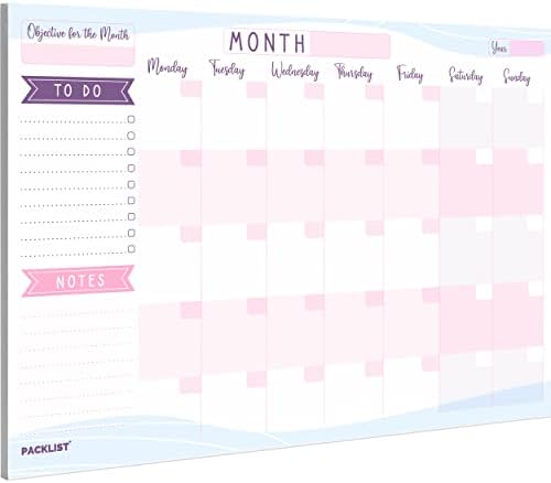 PACKLIST® Undated Monthly Planner Desk Pad (8.3x11.7 in) – Tear-Off Monthly Calendar Notepad – 100 GSM Paper Schedule Organizer with Objective for the Month, To-Do List & Notes for Office, Home, Study