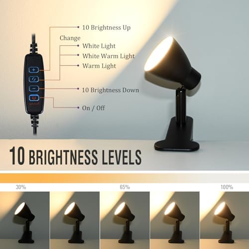 CRI90+ Clip Reading Light, Small Clamp on Bed Lamp for Bedside/Headboard/Desk/Bunk/Table/Shelf, 3 Color Temperature Options, 10 Dimmable Brightness Levels for Reading (6W/Adapter Included)