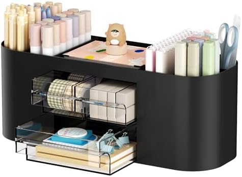 Marbrasse Desk Organizer Pen Holder with 3 Drawers, Multi-Functional Pencil Holder,Desk Organizers and Accessories with 7 Compartments for Home, School, Classroom (Black)