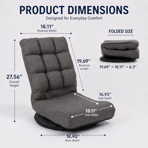 Swivel Floor Chair for Teens，Multipurpose Gaming Chair Rocker for TV, Reading, Playing Video Games Lumbar Support, Adjustable Foldable Backrest,Brown