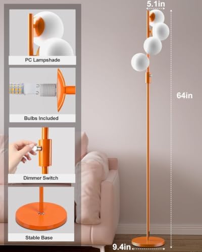 Mid Century Modern 4 Globe Orange Floor Lamp Dimmable Standing Lamp with 3000K Warm White Bulbs Included, Tall Ambient Floor Lamp for Living Room Bedroom Home Office Sofa Beside Corner Decor