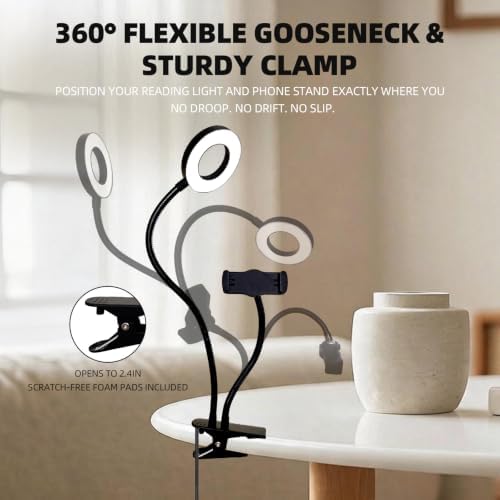 Clip on Light with Phone Holder, Reading & Selfie Light Aluminum Arm