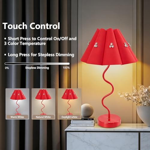 Cordless Rechargeable LED Table Lamp, Portable Desk lamp Battery, 3 Color Stepless Dimming with Memory Function, Suitable for Outdoor, Dinner, Patio & Restaurant. (red with Diamonds)