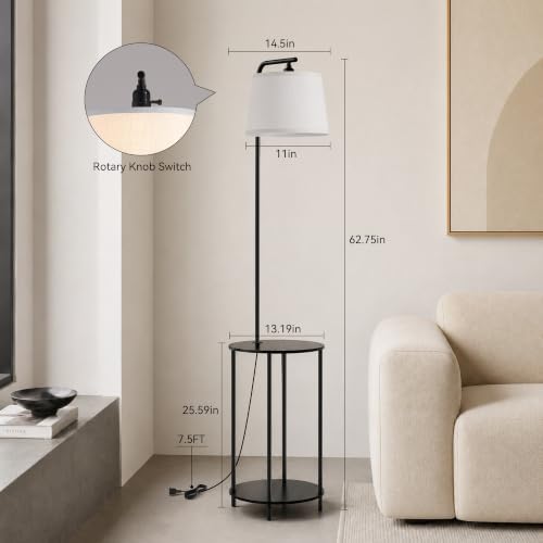 Floor Lamp with Table, 2-in-1 Side Table Floor Lamp with Linen Shade
