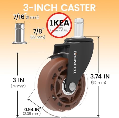 3 Inch Office Desk Chair Wheels Replacement, Stem 7/16-7/8,(Brown)