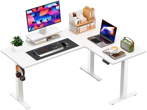 Furmax 63 x 47 Inch L Shaped Standing Desk with 2 Preset Heights, Electric Height Adjustable Computer Desk, Corner Sit Stand Desk for Home Office, 2 Hooks & Feet Balance (White, 63 x 47 Inch)