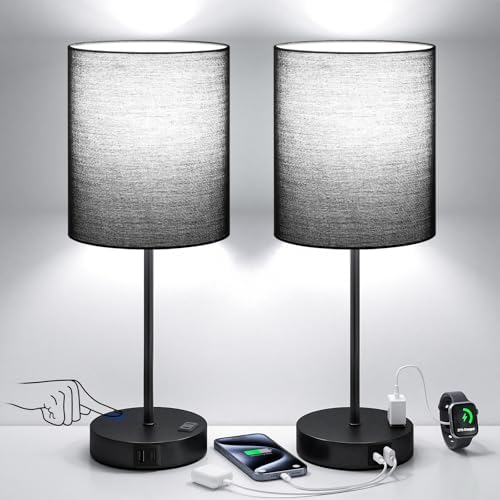 17.6" Black Touch Lamps for Bedroom Set of 2 - Dimmable, USB C+A, AC Outlet