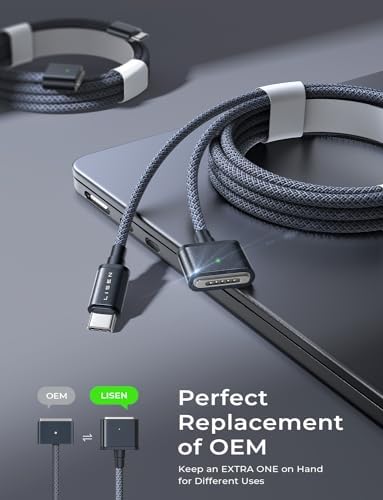 LISEN Macbook Magsafe Charger (6.6FT) for M5/M4/M3 MacBook Pro Air Charger, 140W USB-C to Magnetic Safe 3 Cable for Pro (16"/14" 2025, 2024, 2023, 2021) Air (15''/13'' 2025, 2024, 2023, 2022) Midnight