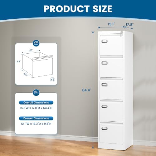 PEUKC 5-Drawer File Cabinet, 16.3" Deep Vertical Metal Filing Cabinet with Lock for Home Office, Anti-Tip 5 Storage Drawers for Letter/Legal/A4/F4 Size (Assemble Required, White)