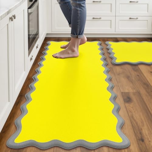 Arenarug Scalloped Kitchen Mats for Floor, Yellow Kitchen Rugs Set of 2