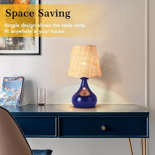 Ziqqeelam Navy Blue Small Table Lamp, Mini Bedroom Lamps for Bedside Nightstand, Rattan Shade Small Table Lamps for Small Spaces for Kitchen Counter, Bookshelf, Home Office, Living Room, Dorm
