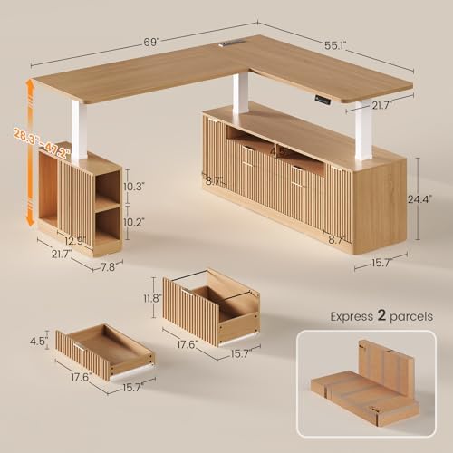 SEDETA Fluted L Shaped Executive Electric Standing Desk with 4 Drawers