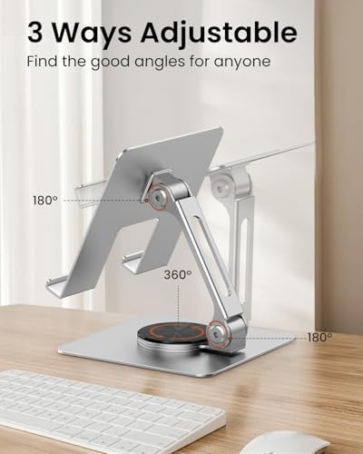 TIGRIS 360° Rotating Tablet Stand for iPad, Adjustable Foldable Metal Desk Stand, Stable Portable Tablet Holder for Office, Kitchen, Video Calls, Compatible with iPad Pro/Air/Mini, Kindle, Surface