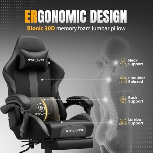 GTPLAYER Gaming Chair with Pocket Spring Cushion, Leather Office Chair with Ergonomic High Back & Lumbar Support for Back Pain Relief, Computer Game Chair for Adults, Gray