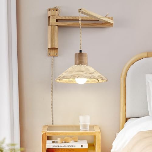 maesta Plug in Wall Lamp, Beachy Wood Swing Arm Wall Sconce for Bedroom
