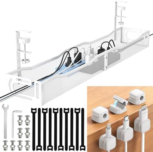 Cable Management Under Desk, 25.3'' No Drill Desk Cable Management Tray with Clamp, Metal Cord Organizer for Standing Desk, Computer Wire Management for Home Office & Gaming Setup, White
