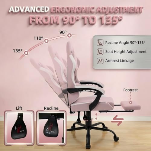 Video Gaming Chair, Ergonomic Office Chair with Footrest, Lumbar Support and Linkage Armrests, Swive Home Video Game Chairs for Adults, Pink