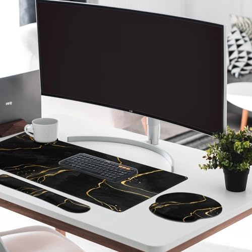 Britimes Keyboard Mouse Pad Set, 4 in 1 Desk Mat Set, Marble Black Gold