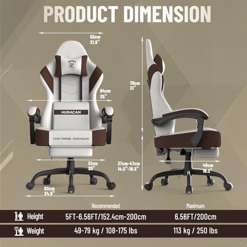 Ferghana Cotton Fabric Gaming Chair - Wider Seat Cushion, Shield-Shaped Embroidery, Ergonomic High Back with Footrest, Computer Gamer Chair for Adults Featuring Massage Lumbar Support, Brown