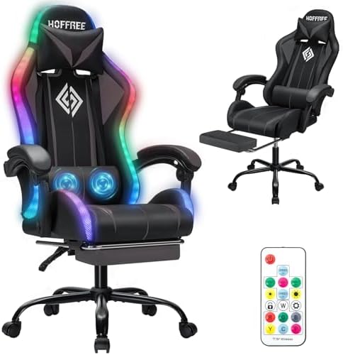 HOFFREE LED Gaming Chair with Massage RGB Lights Computer Game Chair-Grey