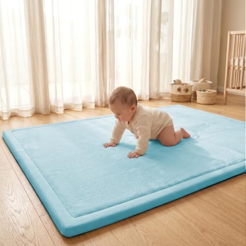 ACOMOPACK Baby Play Mat for Floor 1.3" Thick Memory Foam Play Mat 79"×118" Tummy Time Crawling with Non-slip Bottom for Living Room,Nursery,Soft Velvet Playpen Mats for Kids,Infants（Light Blue）