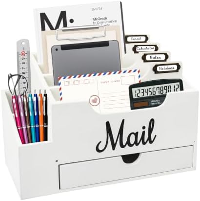 Wood Desk Organizer, Mail Organizer Countertop with 2 Pen Holders