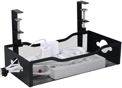 Large Under Desk Cable Management Tray - Heavy Duty Metal Cord Organizer with No Drill Installation for Office & Home Office Desks to Hide Wires & Power Strips (Black, XL)