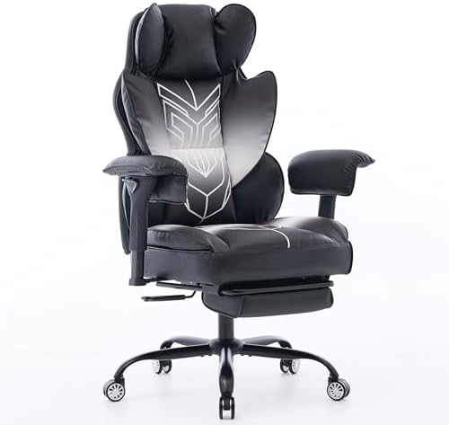 Big and Tall Gaming Office Chair 400lbs - Heavy Duty Ergonomic Computer Desk Chair with Footrest, Adjustable Armrests, High Back PU Leather with Racing Style (Black/White)