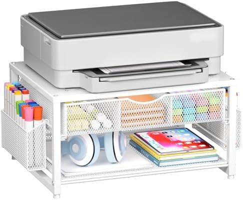 Marbrasse Metal Printer Stand for Desk with Storage Drawer and 2 Pen Holders, 2-Tier Desktop Organizer Printer Table for Home Office, Multi-Purpose Desk Organizer for Fax Machine Scanner Files(White)