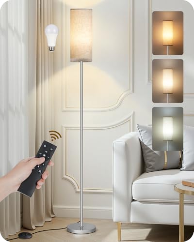 Dimmable Floor Lamps for Living Room with Remote and Foot Switch, 64.4” Modern Standing Tall Lamp, Corner Lamp for Bedroom, Office, Bulb Included, 3000K-6500K, Beige and Silver, FCC Listed SE06LD05W1