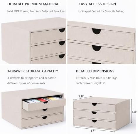 UnionBasic Document Organizer, 3-Drawer File Cabinet Document Storage Box, Office Desktop Filing Organizer, Beige