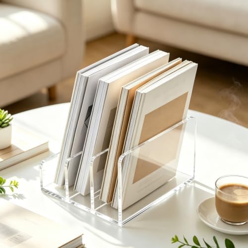 Clear Acrylic Mail Organizer for Desk, 3-Compartment Vertical Letter Sorter and Desktop File Holder for Bills, Envelopes, Documents, Folders, Notebooks, Home Office Countertop