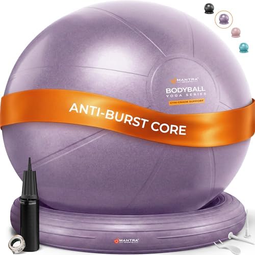 Yoga Ball Chair for Office Desk with Base - Ergonomic Balance & Stability Exercise Ball Seat for Adults - Active Sitting for Posture, Core & Back Pain Relief, Home Gym, Therapy, Pump