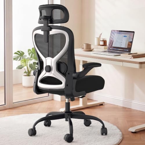 Ergonomic Office Chair for Long Hours and Back Pain Relief, Space-Saving Design with Adjustable Lumbar Support, Flip-Up Arms, 3D Headrest, Tilt & Rock, 330 LBS, Black/Silver