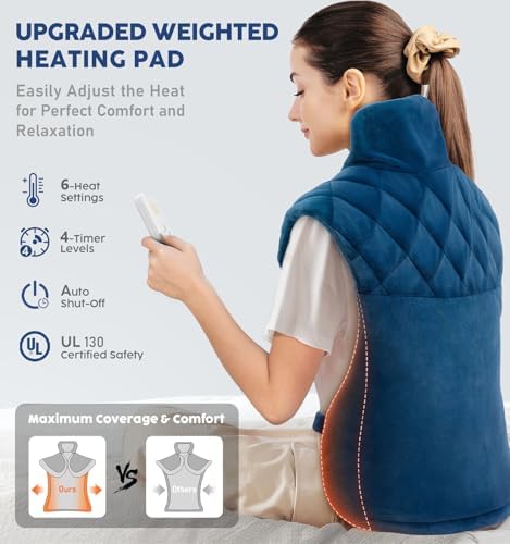fanatato Weighted Electric Heating Pad for Neck Shoulders Back - Large Heat Pad with 6 Heat Settings & 4 Timers, Auto-Off, Machine Washable, Pain Relief Pad - Sky Blue