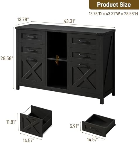 Halitaa Farmhouse Lateral File Cabinet with 6 Drawers, Rustic Black