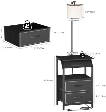 End Table with Floor Lamp, Nightstand with Charging Station, Floor Lamp Table with 3-Color Temperature Bulb, Bedside Table Night Stand with 2 Drawers for Bedroom, Living Room, Black