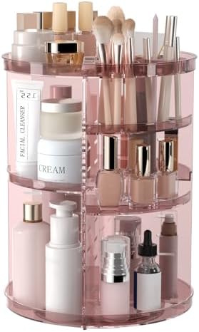 Rotating Makeup Organizer, DIY 8 Adjustable Layers Spinning Skincare Storage, Cosmetic Display Case with Brush Holder and Perfume Tray, Multi-Function Vanity Bathroom Countertop Organizer Clear Pink