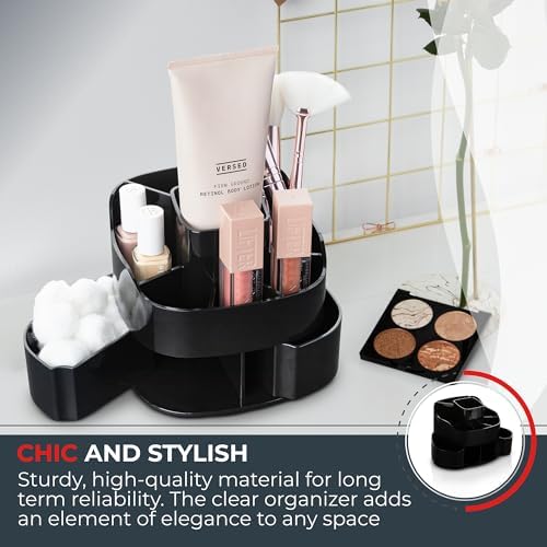 Masirs Small 360 Rotating Makeup Organizer, 5 Compartments, Square Black