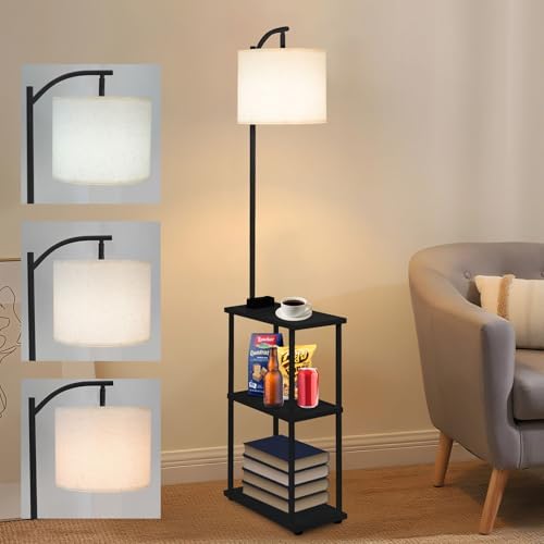 Qupui Floor Lamp with Side Table, USB Charging, 3-Color LED, Black
