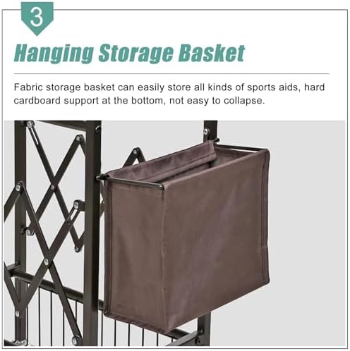 Home Gym Studio Organizer Cart, Movable Yoga Mat Storage Rack for Foam Roller/Badminton/Table Tennis Racket, with Hanging Storage Basket, Floor Standing，White S