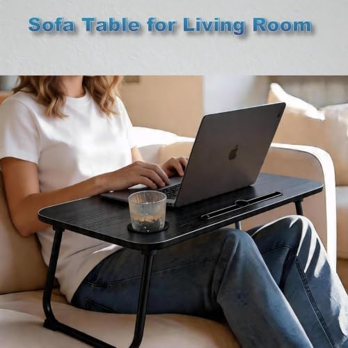 27.6" Home Office Folding Lap Desk with Drawer, Tablet Slot, Cup Holder - Fits up to 18 Inch Laptops, Bed Desk for Reading, Writing, Eating, Portable Laptop Table for Sofa, Coach, Floor (Black)